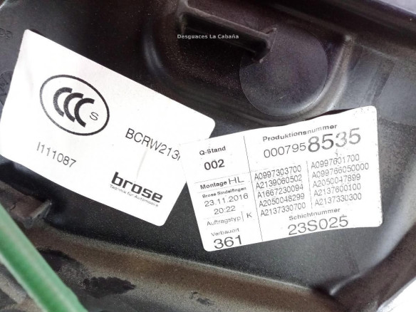 A2137306705  ELEVALUNAS PUERTA LAT TRA IZQ MERCEDES BENZ CLASE E (W213)|Desguaces La Cabaña