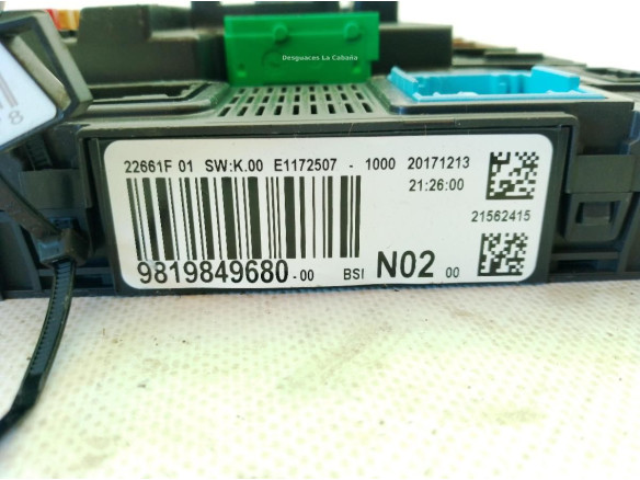 9819849680 CAJA FUSIBLES INTERIOR (BSI) CITROEN C4 CACTUS|Desguaces La Cabaña