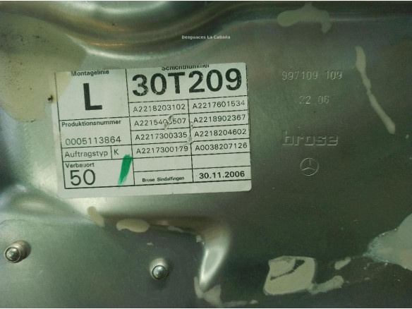 A2218203102 ELEVALUNAS PUERTA LAT TRA IZQ MERCEDES BENZ CLASE S (W221)|Desguaces La Cabaña