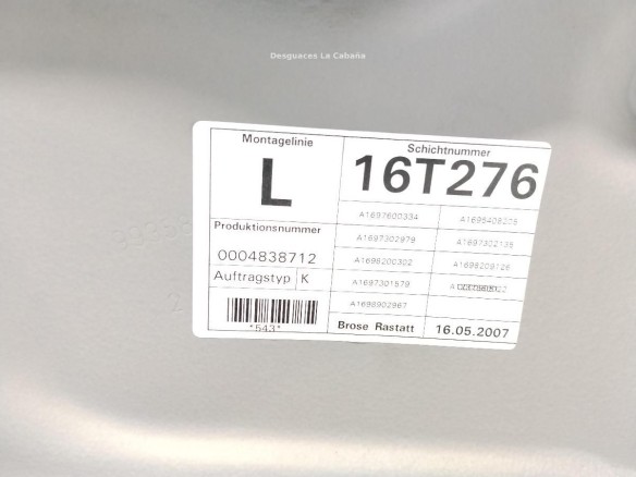 A1697303779 ELEVALUNAS PUERTA LAT TRA IZQ MERCEDES BENZ CLASE B (W245)|Desguaces La Cabaña