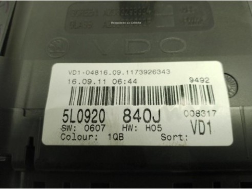 5L0920840J, CUADRO INSTRUMENTOS SKODA YETI (5L)|Desguaces La Cabaña