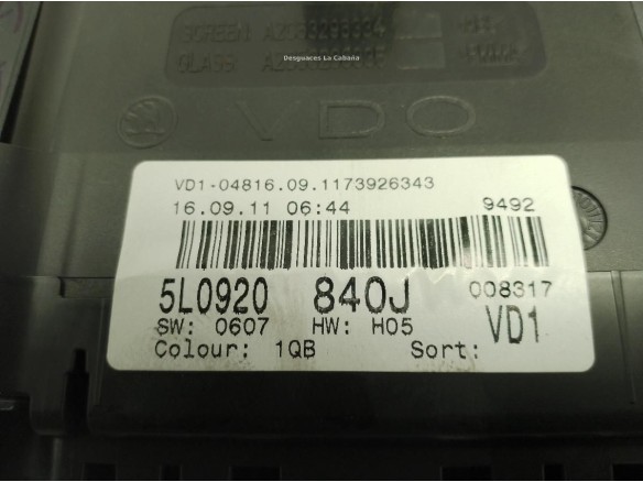 5L0920840J, CUADRO INSTRUMENTOS SKODA YETI (5L)|Desguaces La Cabaña