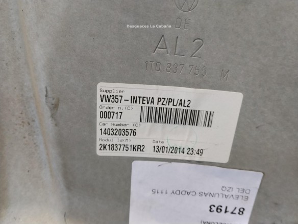 ELEVALUNAS PUERTA LAT DEL IZQ VW CADDY III Furgón (2KA, 2KH, 2CA, 2CH)|Desguaces La Cabaña
