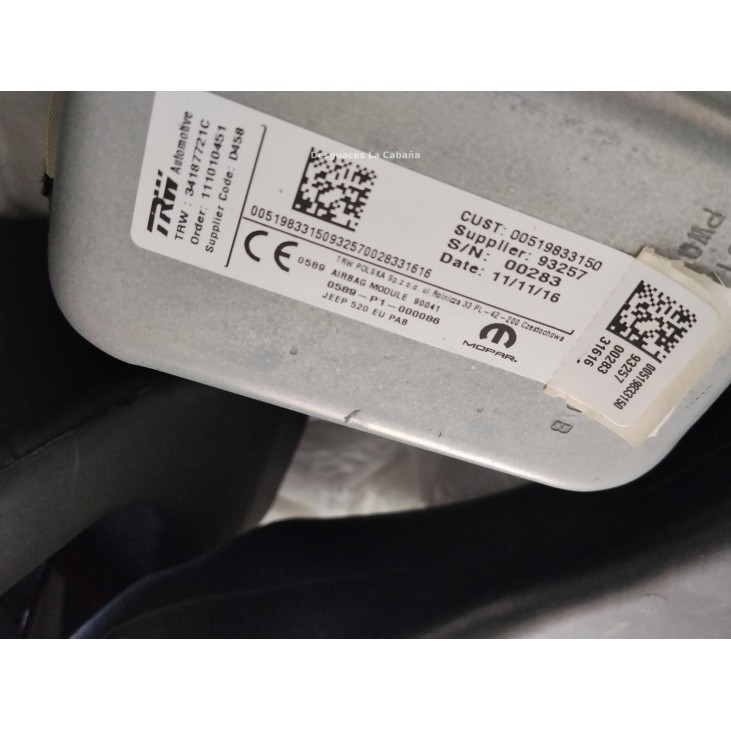  07356038310 KIT AIRBAGS + SALPICADERO + CINTURONES O ANCLAJE + CENTRALIT JEEP RENEGADE Todo terreno, cerrada (BU)|Desguaces La Cabaña