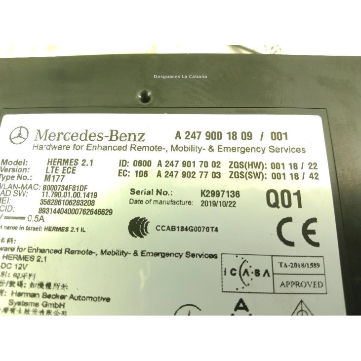A2479001809 MODULO ELECTRONICO 9 MERCEDES BENZ CLASE A (W177) |Desguaces La Cabaña