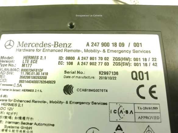 A2479001809 MODULO ELECTRONICO 9 MERCEDES BENZ CLASE A (W177) |Desguaces La Cabaña